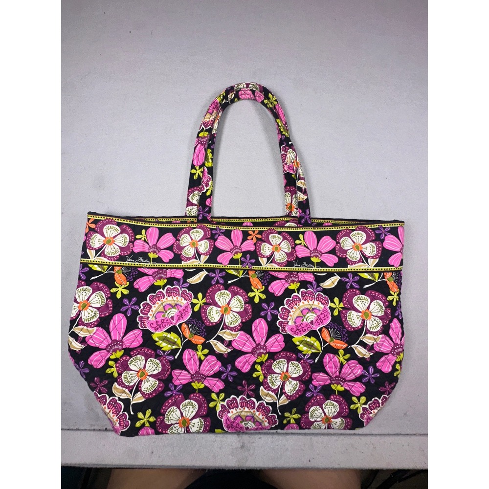 Vera Bradley Quilted Cotton Floral Tote Bag Pink Purple Black Shoulder Bag